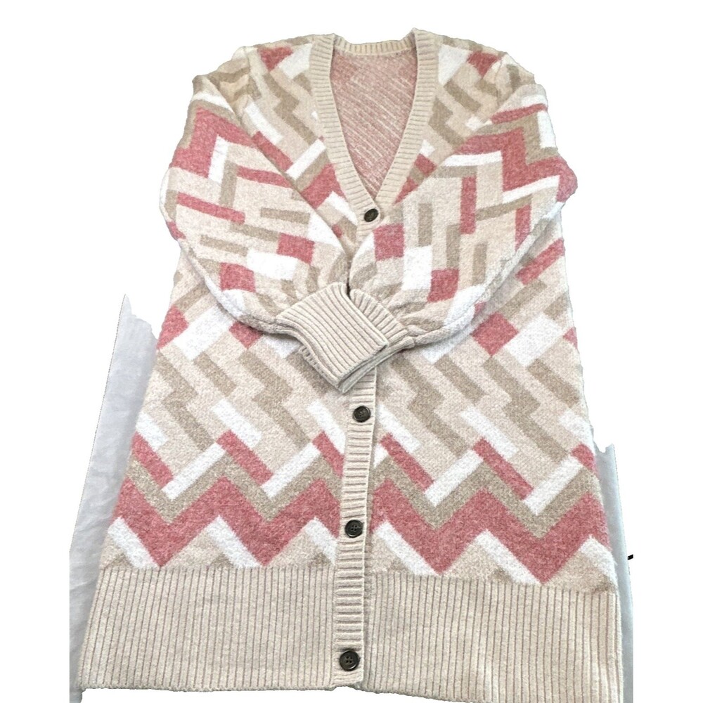 Women’s Geometric Chevron Knit Cardigan Sweater Button-Front V-Neck M/L